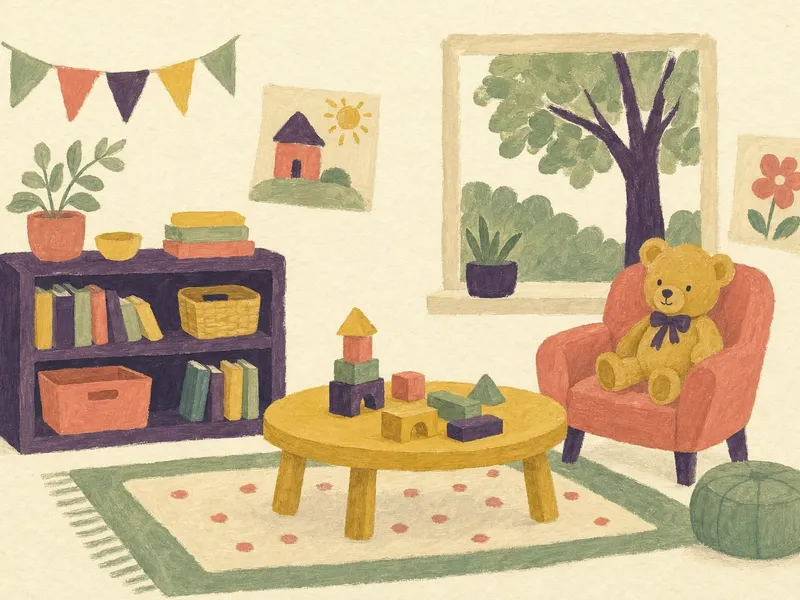Illustration eines Kinderspielzimmers mit Teddybär im rosa Sessel, Holzbausteinen auf einem gelben Tisch, Bücherregal, Wimpelkette und Fenster mit Baumblick.