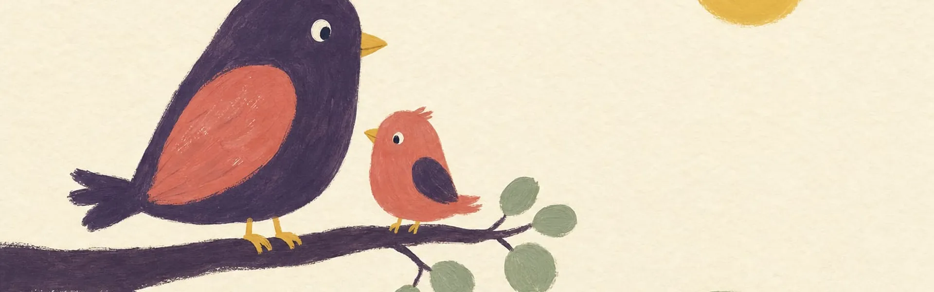 Illustration eines großen dunkelvioletten und eines kleinen roten Vogels auf einem Ast, dahinter eine gelbe Sonne und grüne Hügel.