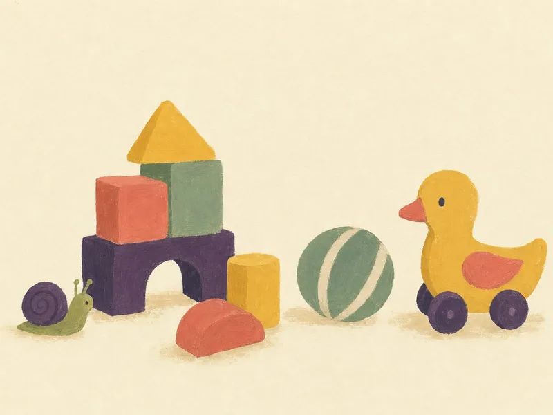 Illustration von bunten Holzbausteinen, einem gestreiften Ball, einer gelben Ente auf Rädern und einer kleinen Schnecke auf cremefarbenem Hintergrund.
