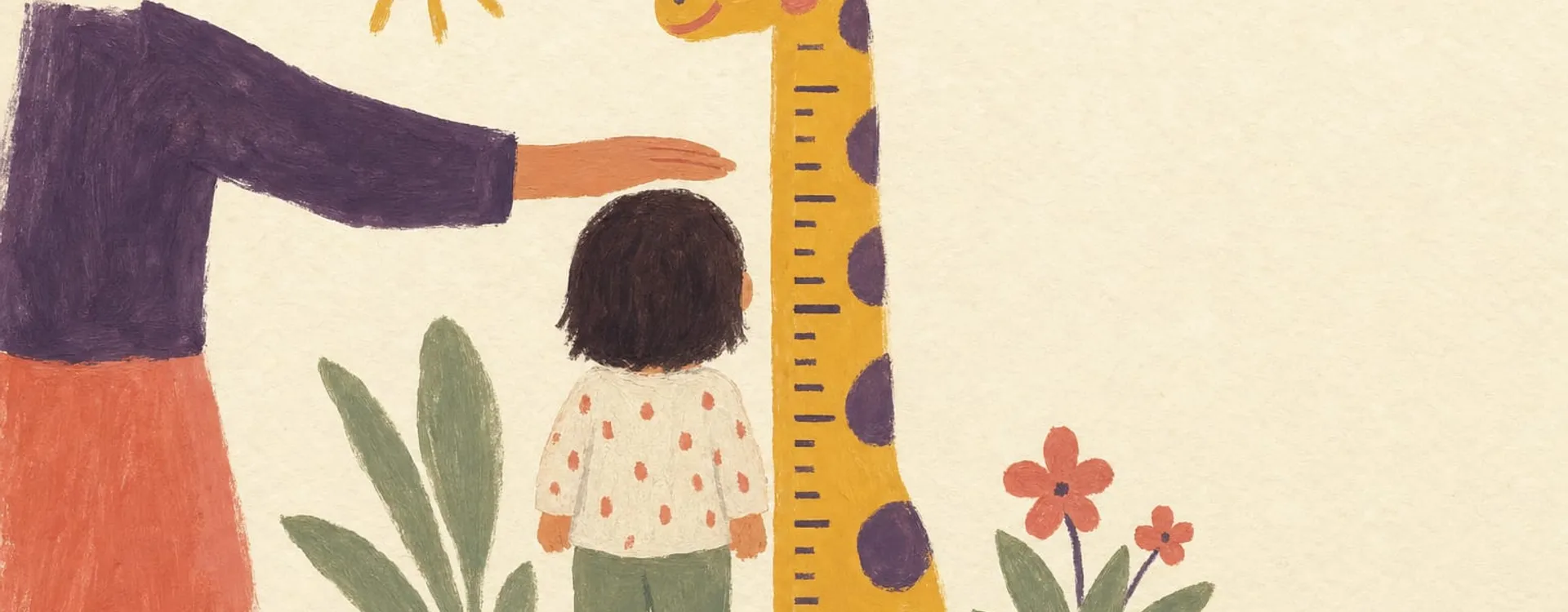 Illustration: Eine Hand misst ein kleines Kind von hinten an einer Giraffen-Messlatte, umgeben von Pflanzen, Blumen und einer Sonne.