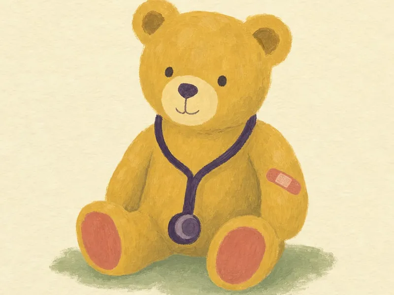 Gezeichneter gelber Teddybär mit lila Stethoskop um den Hals und einem Pflaster am Arm, der auf einer grünen Fläche vor cremefarbenem Hintergrund sitzt.